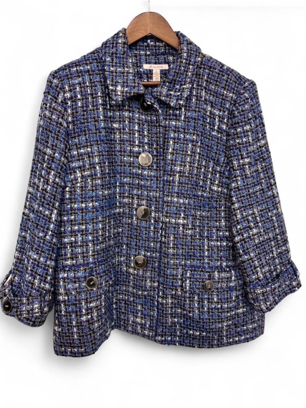 JM Collection Blue Black Tweed Boucle Button Front Jacket Size 18